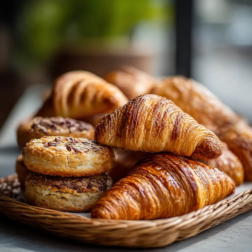 Flaky golden almond croissants stacked in a wicker basket