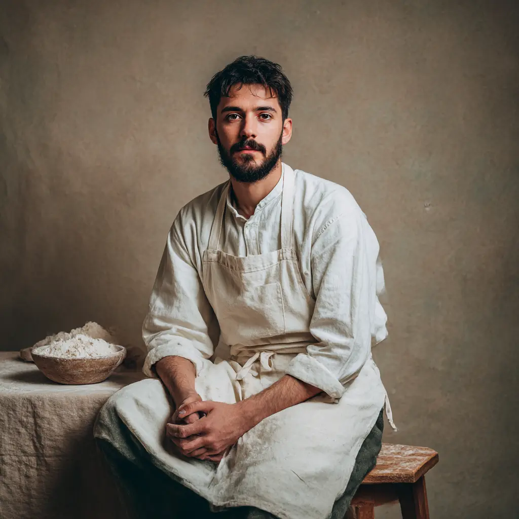Lead Brew Master Marcus J. Roaster sitting with a bowl of flour in an artisan apron
