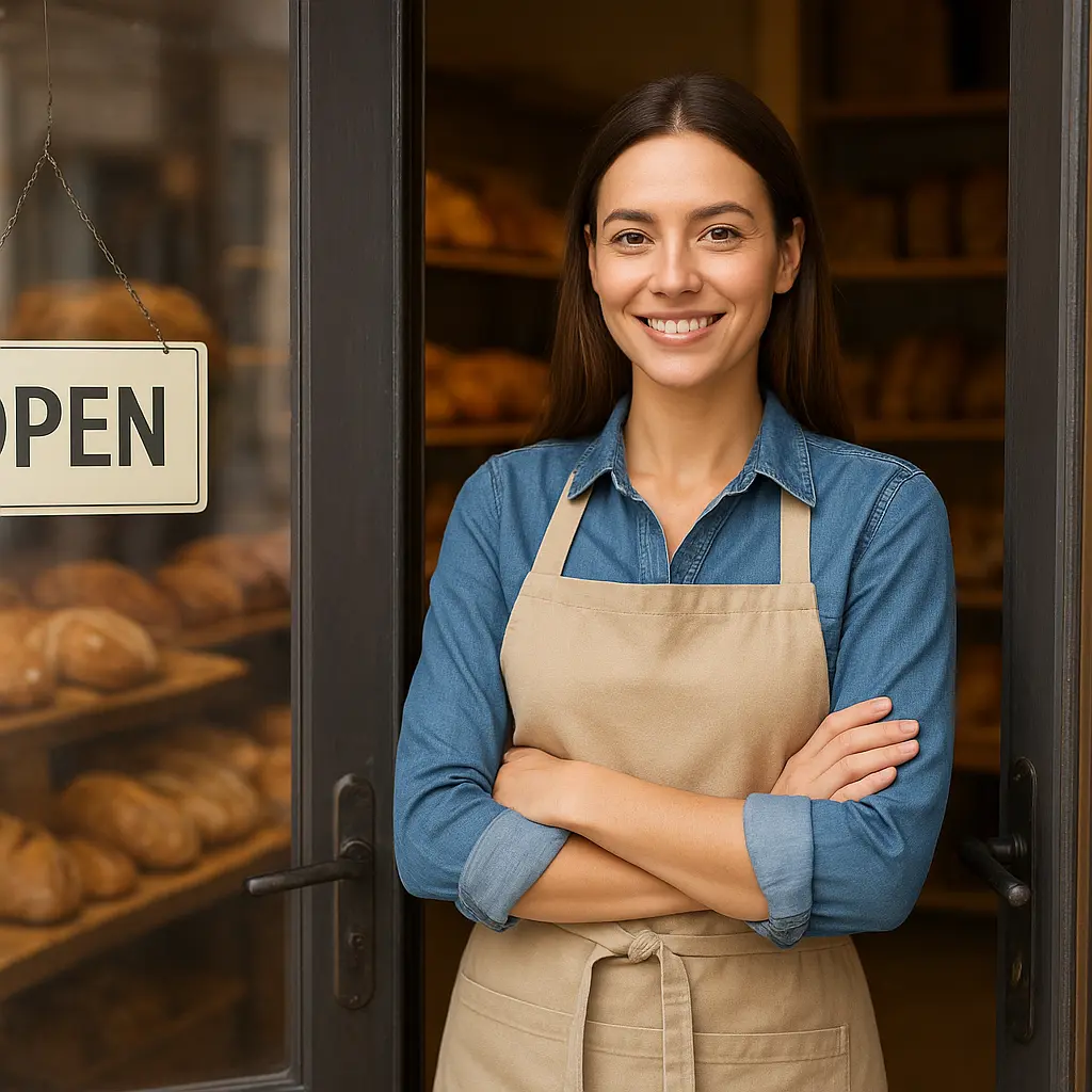 Head Pastry Artisan Elena S. Baker standing in the doorway of her open bakery