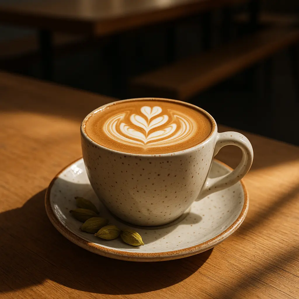 Cup of latte with latte art, on speckled ceramic cup and saucer, wooden table.