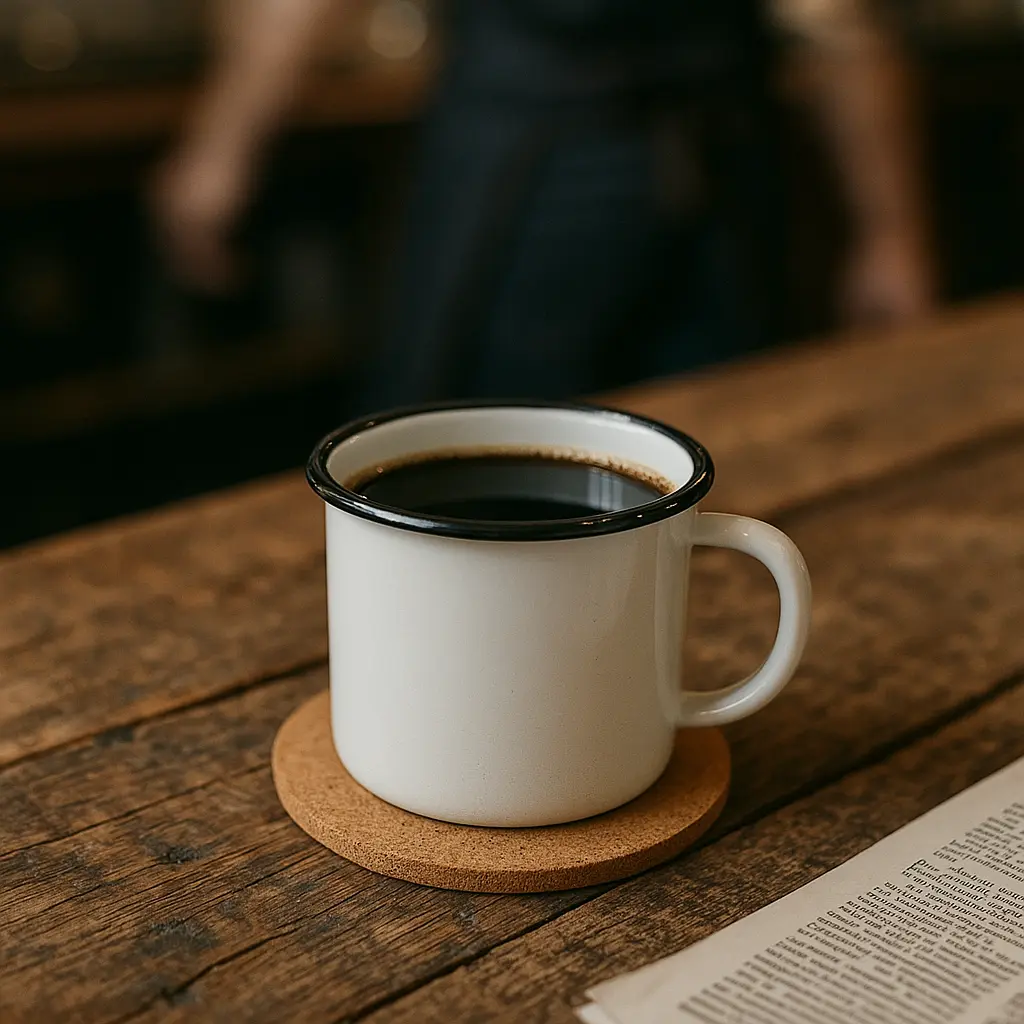 Freshly brewed single origin coffee in a white enamel mug