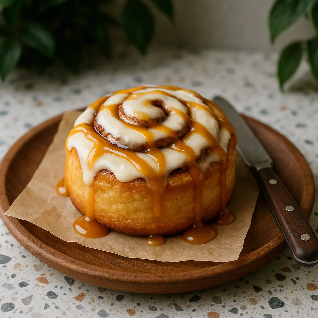 Gourmet house-made cinnamon roll with icing and caramel drizzle