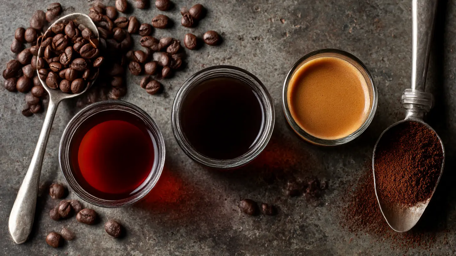 Overhead view of coffee varieties with beans, espresso, and coffee grounds on concrete