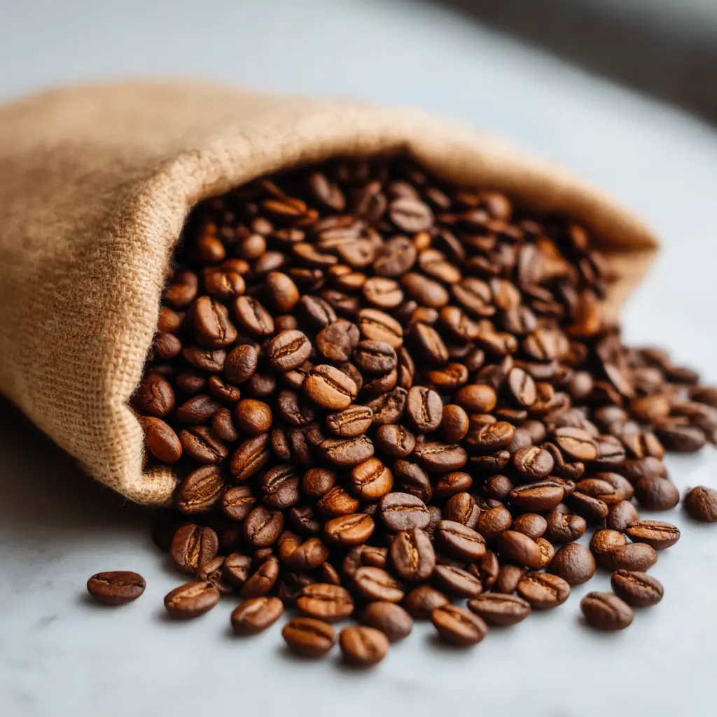 Freshly roasted specialty coffee beans spilling from a burlap sack