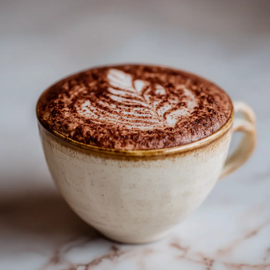 Maple cream latte with artistic foam leaf in a ceramic mug