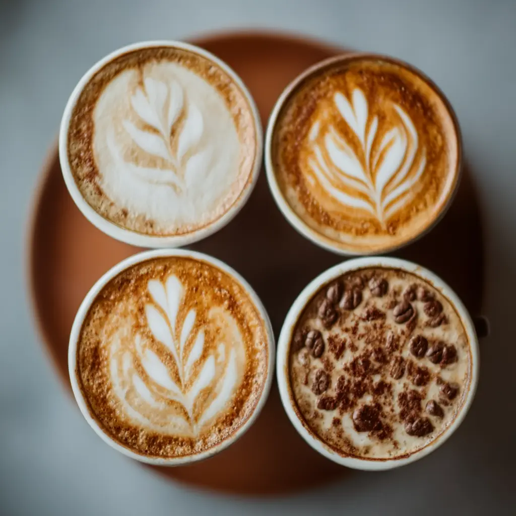 An assortment of gourmet lattes served on a tray