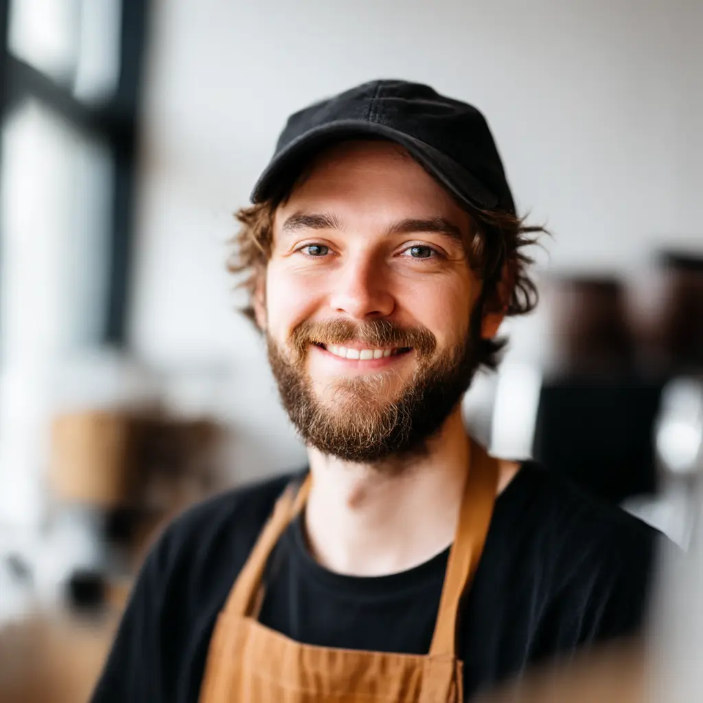 Jordan Lee Rivera in a modern cafe setting ready to help customers